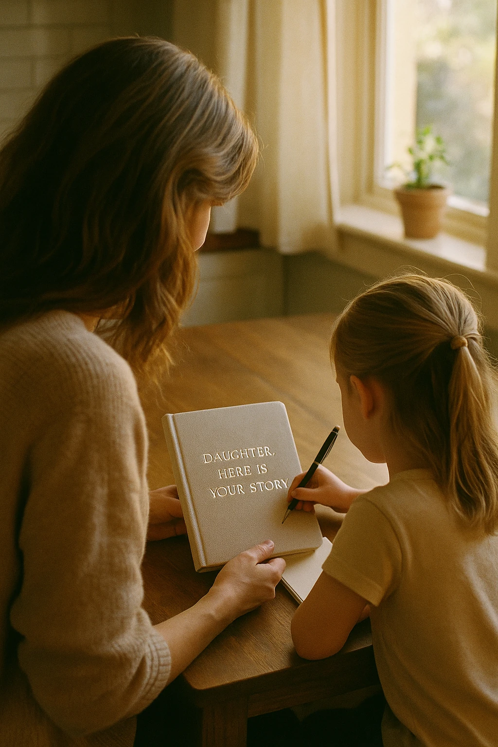 Mother and daughter writing in their journal of growing up keepsake